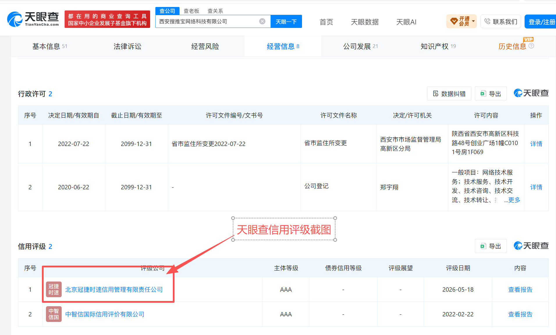 天眼查西安搜推宝网络科技有限公司信用评级页面截图，显示北京冠捷时速信用管理有限责任公司评定的AAA级信用评级，评级日期2026-05-18